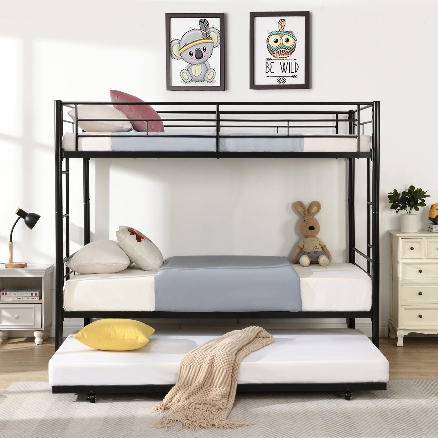 Twin over Twin Bunk Bed with Trundle, Heavy Duty Metal Bed Frame Sturdy Guard Rail and 2 Side Ladders for Kids/Adults,Can be Divided Into Two Beds,Black