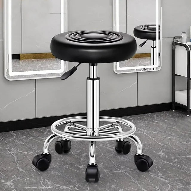 OUTMASTER Rolling Stool with Footrest PU Leather Height Adjustable for Salon Shop (Black)