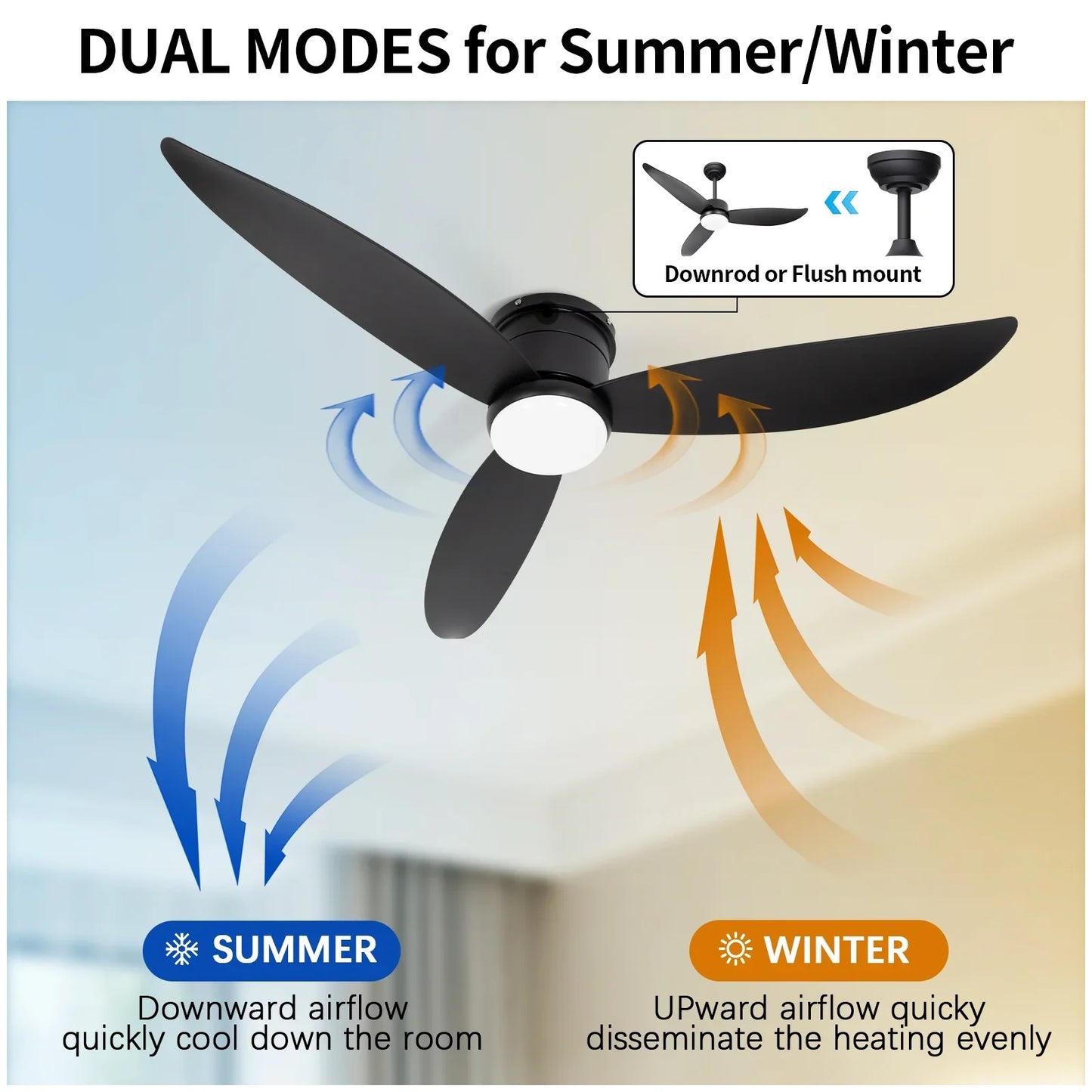 Wozzio 52'' Black Ceiling Fan with Light and Remote Control, 2 Options Installations, 3 ABS Fan Blades, Home