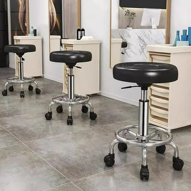 OUTMASTER Rolling Stool with Footrest PU Leather Height Adjustable for Salon Shop (Black)