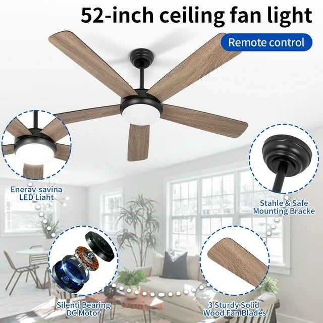 Wozzio 52 inch Ceiling Fan with Light and Remote,DC Motor,3CCT Dimmable LED Light,5 Reversible Solid Wood Blades,Indoor & Outdoo