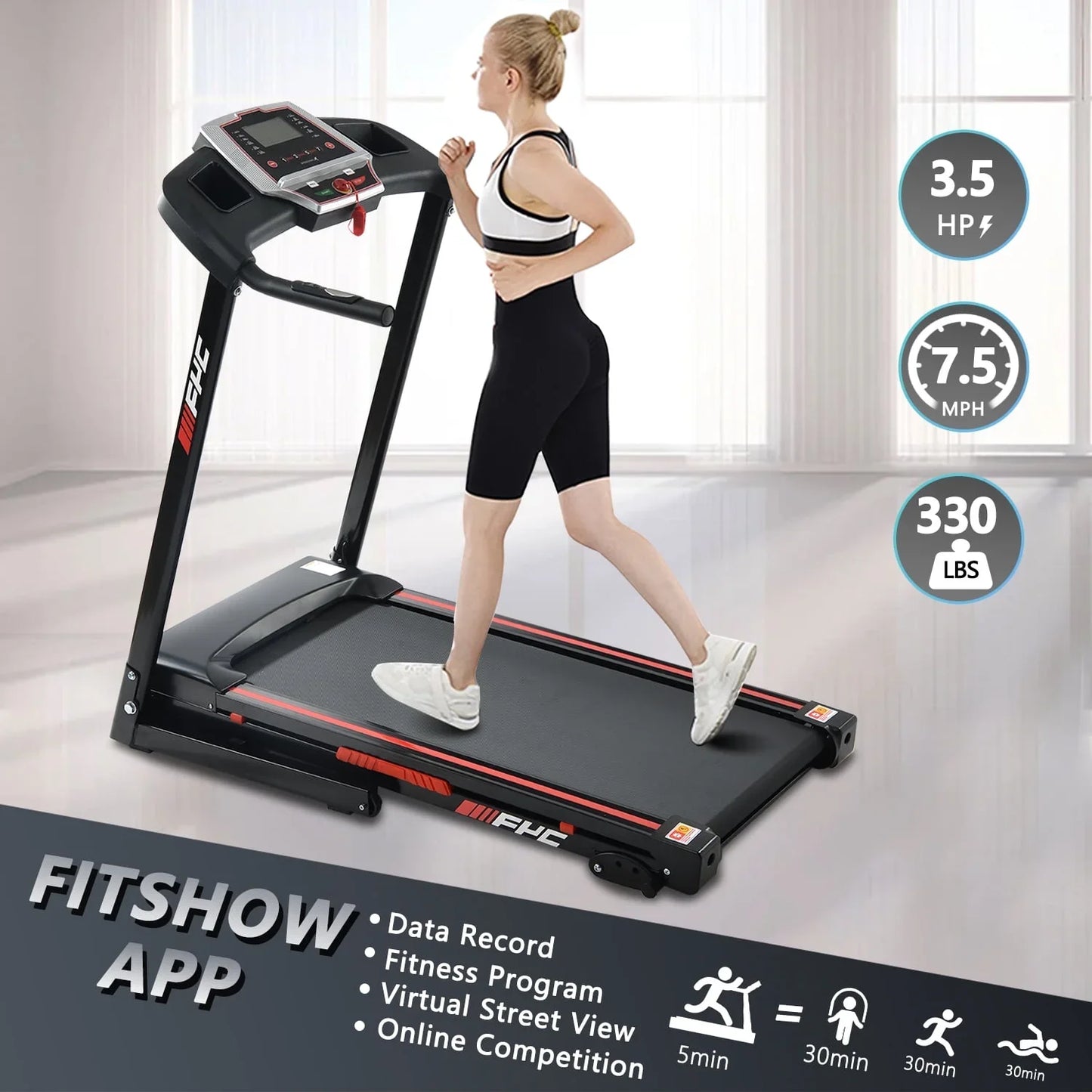 3.5HP Folding Incline Treadmill with 330 LB Capacity 15 Preset Programs MP3 Electric Walking Treadmill Machine For Home