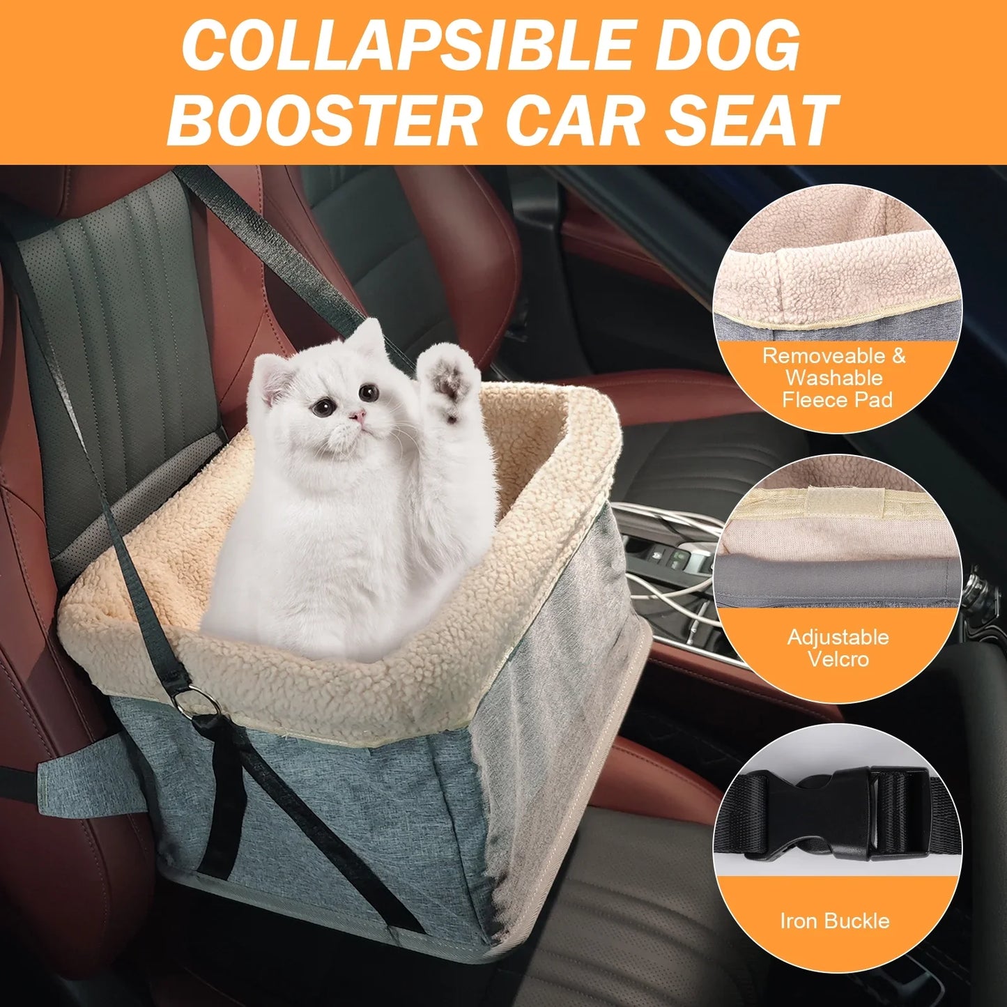 ZUPOX Dog Car Seat for Small Dogs, Deluxe Dog Booster Seat with Metal Frame Construction and Safety Leash, Portable Puppy Dog Car Seat, Perfect for Small Pets, Grey