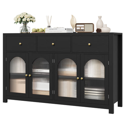 spanspace Large Sideboard Buffet Cabinet, Kitchen Storage Cabinet with 3 Drawers and 4 Glass Doors, Wood Coffee Bar Cabinet for Living Room,Black