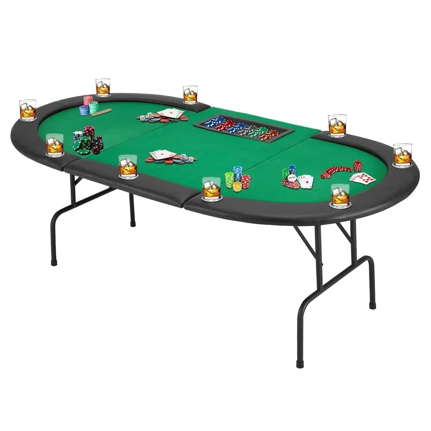 HOMHUM Game Poker Table w/Stainless Steel Cup Holder Casino Leisure Table for 9 Players, Green Felt