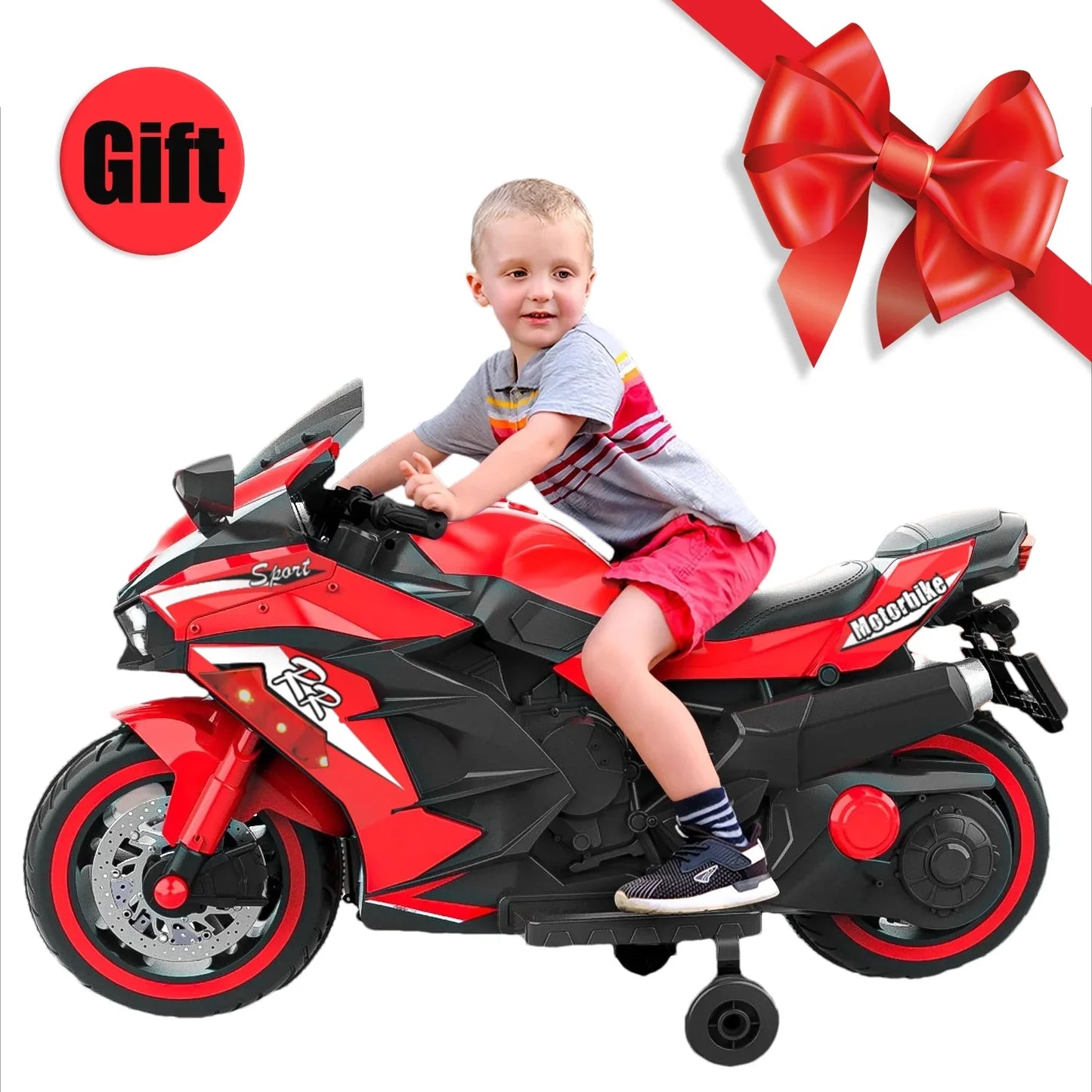 HONGLONG 12V Kids Ride on Motorcycle, 2 Wheels Motorbike for Kids with Training Wheels, Lights, Music Red