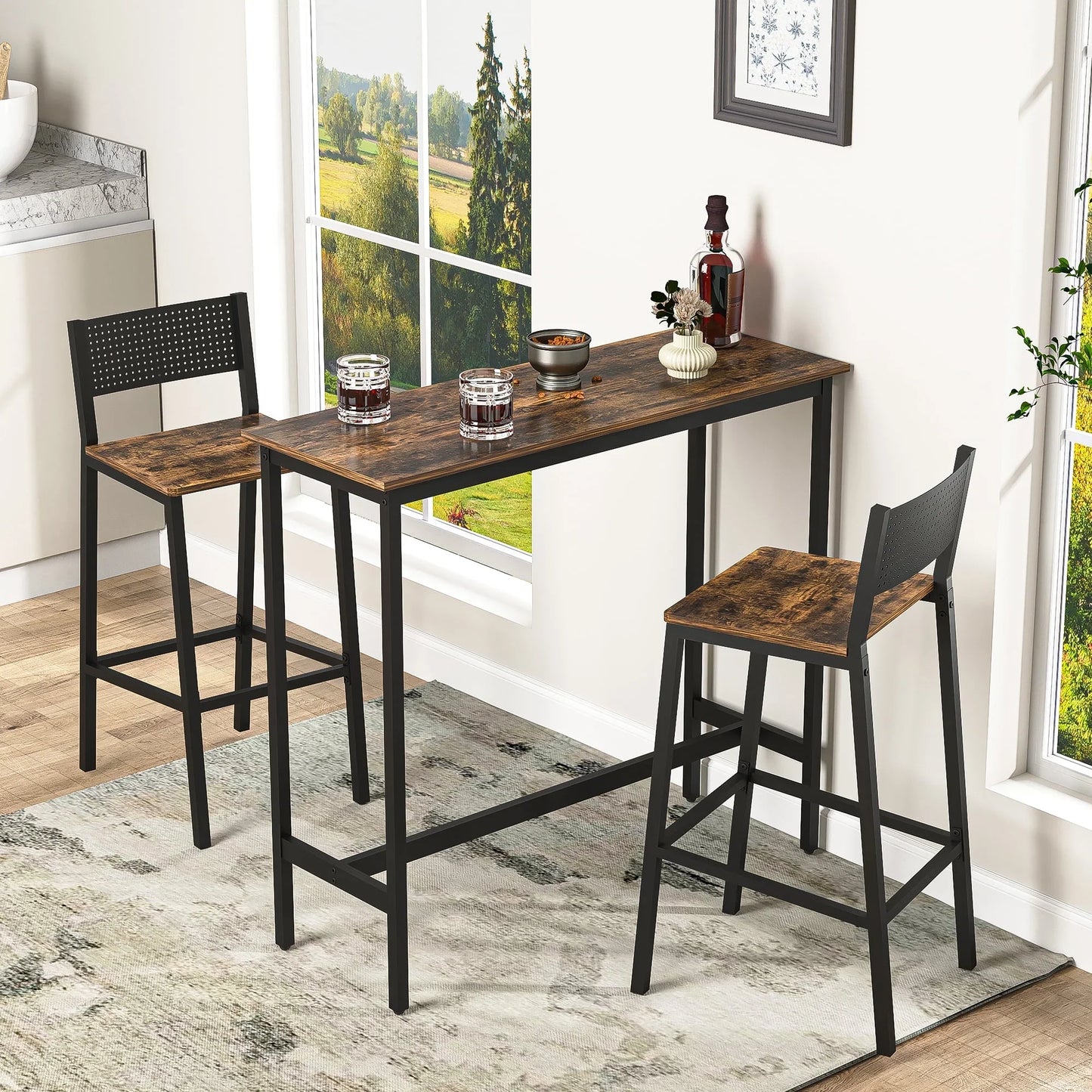 Resenkos Bar Table and Chairs Set with 2 Chairs, Kitchen Dining Room Table Iron Frame Stools Rustic Brown