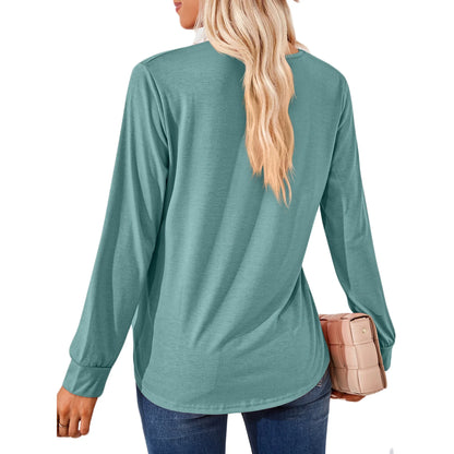 SHIBEVER Women's Long Sleeve Tops Casual Pleated Blouse Loose Fit Square Neck Tunics Trendy Solid Color Green Size XL