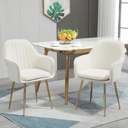 HOMHUM Accent Arm Chairs Upholstered Velvet Dining Chairs Set of 2, Golden Legs, Indoor, Beige