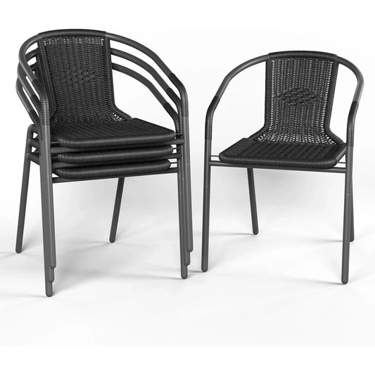 ELPOSUN Outdoor Dining Chairs Set of 4, Wicker Patio Chairs with Metal Frame, Rattan Indoor-Outdoor Chairs for Bistro, Deck, Backyard, Porch, Restaurant Stack Chair 4 Pack （Black）