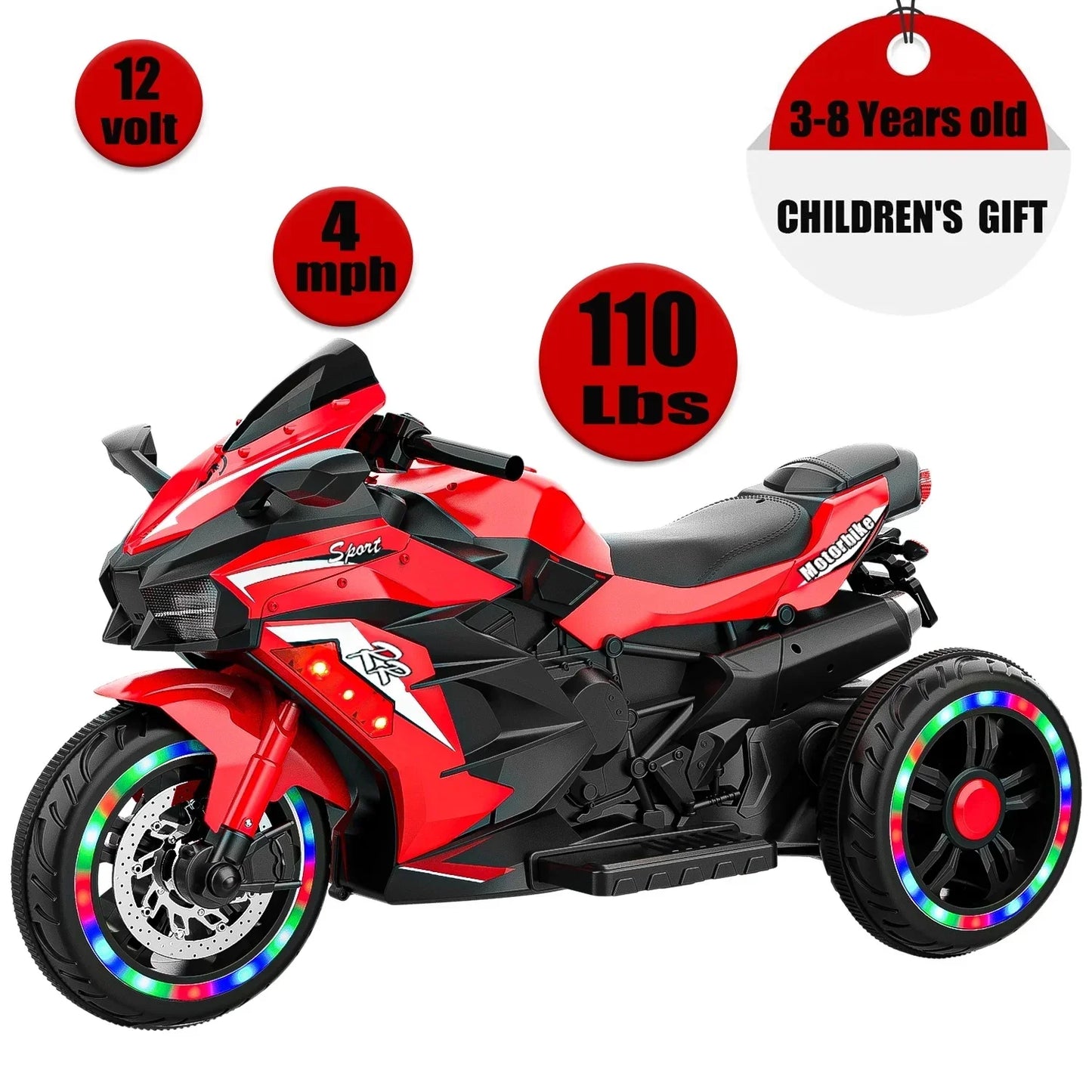 HONGLONG 12V Ride on Motorcycle for Kids,3 Wheels Motorcycle Toys with LED Lights Music Red,Child