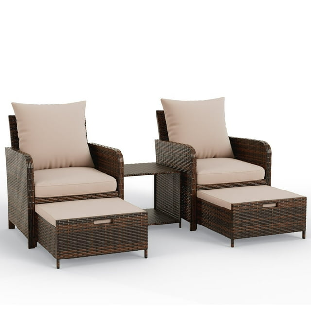 ELPOSUN 5 Piece Patio Furniture Set, Outdoor PE Wicker Chairs for Two with Ottoman Underneath,Beige