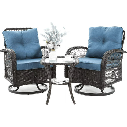 ELPOSUN 3 Pieces Patio Furniture Set, Outdoor Swivel Gliders Rocker, Wicker Patio Bistro Set with Rattan Rocking Chair, Glass Top Side Table and Thickened Cushions for Porch Deck Backyard