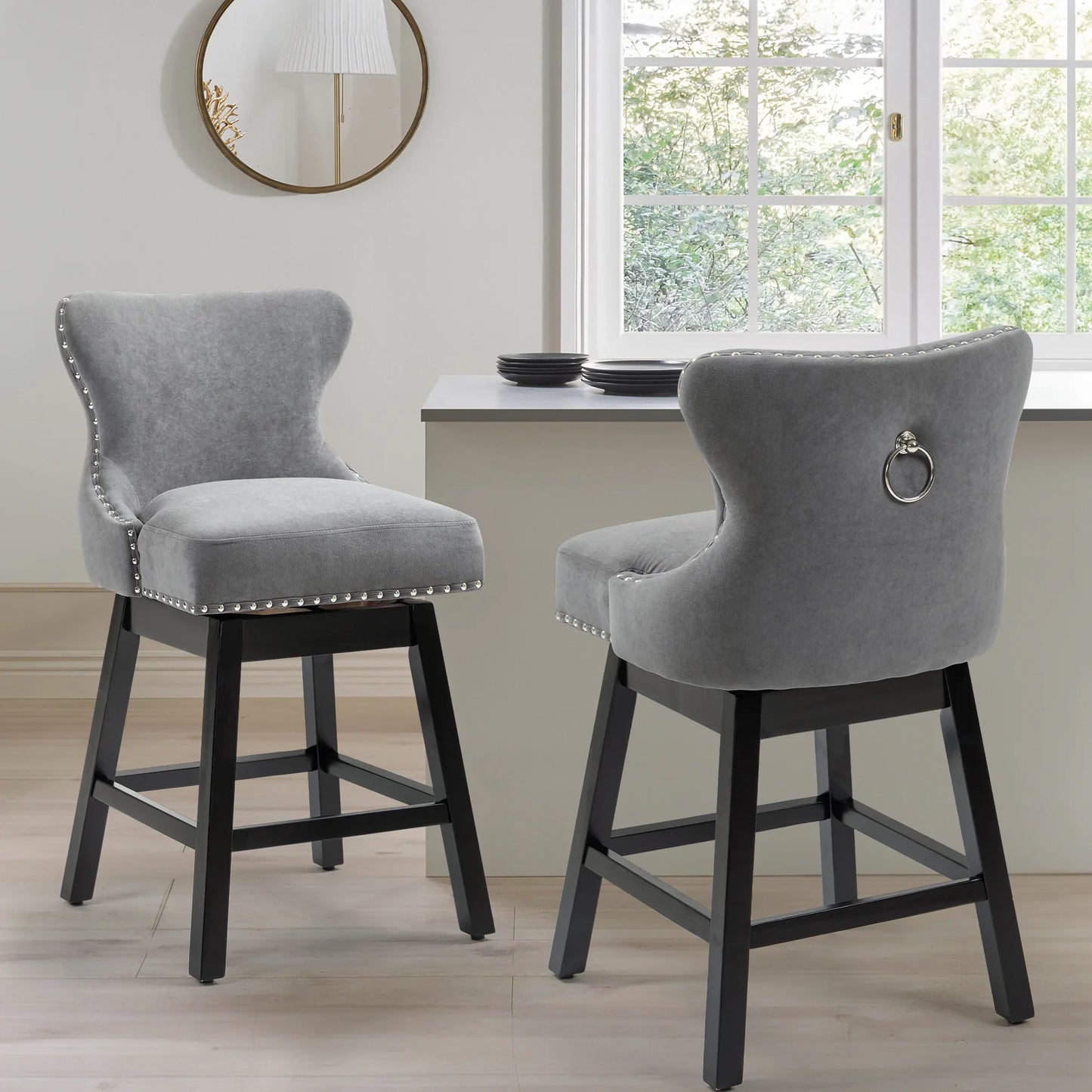 Homhum 360° Swivel Bar Stools Set of 2, Wood Legs and Fabric Island Chairs, Gray