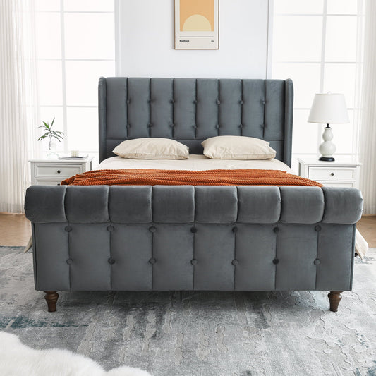 Queen size Regal Chesterfield-Style Tufted Sleigh Bed with Textured Upholstery and Dark Wood-Effect Feet - No Box Spring Required ,Grey