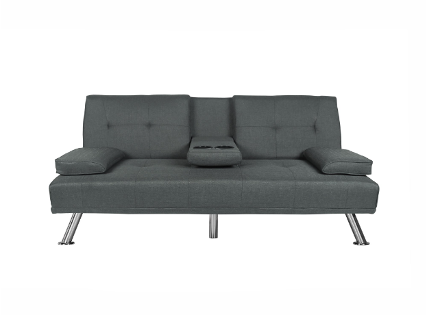 Modern Futon Sofa Beds, Linen Convertible Futon Sofa w/ Removable Armrests, Metal Legs, 2 Cupholders, Dark Gray