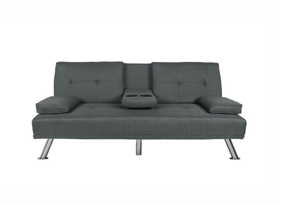 Modern Futon Sofa Beds, Linen Convertible Futon Sofa w/ Removable Armrests, Metal Legs, 2 Cupholders, Dark Gray