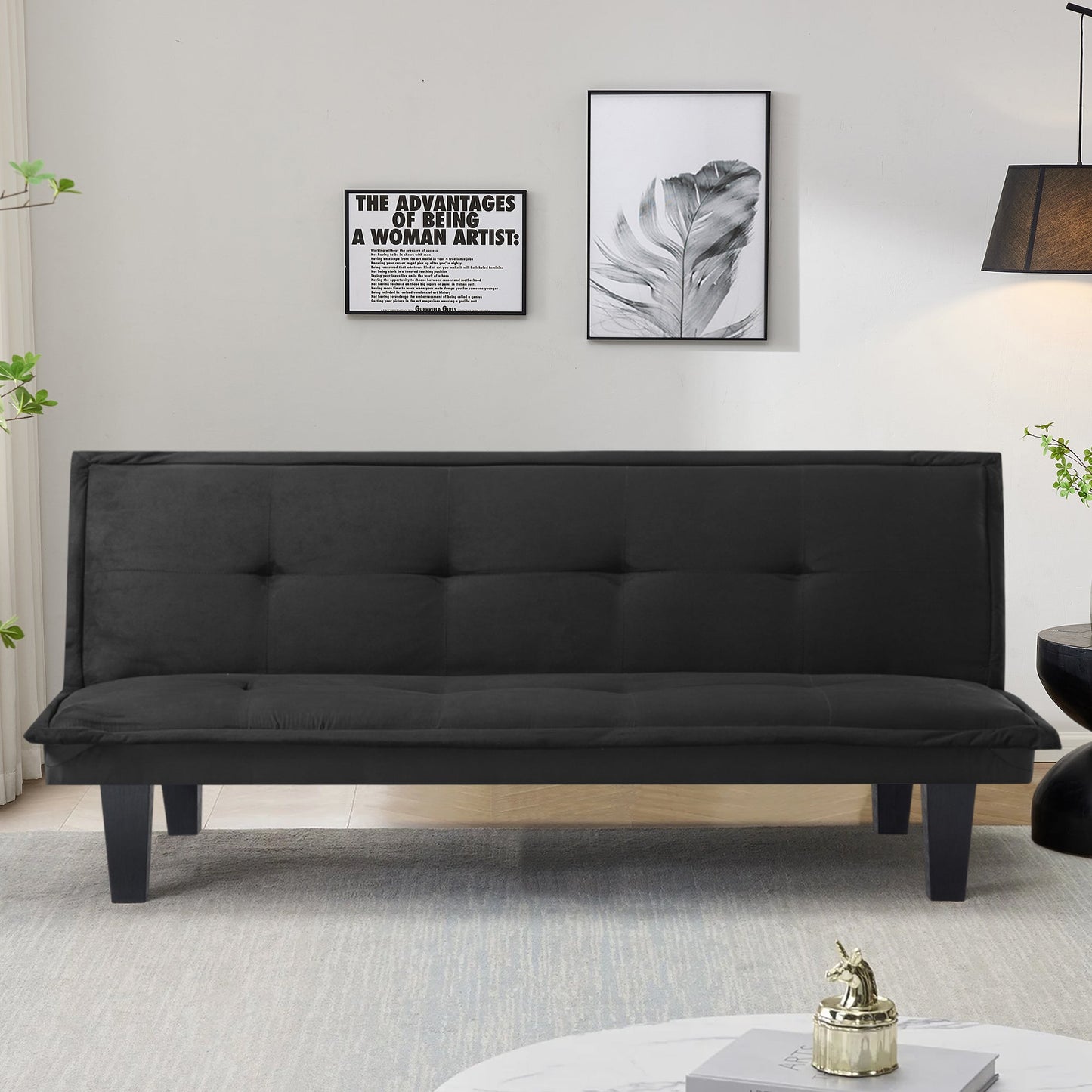 64" Futon Sofa Bed,Upholstered Folding Futon Fabric Couch,Modern Upholstered Sleeper Sofa with 3 Adjustable Backrest Angles,Suitable for Compact Living Space,Apartment,Black