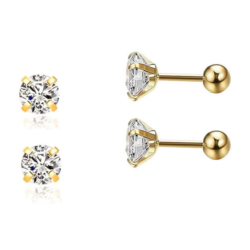 Tiny 5mm CZ Stud Earrings - 14k Gold Hypoallergenic Cubic Zirconia Solitaire Screw Back Stud Earrings Secure Screw On Backs