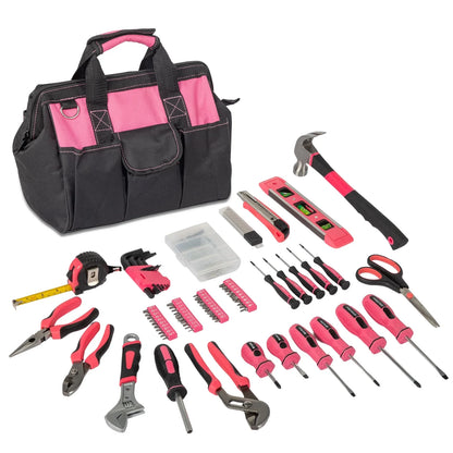 Ktaxon 221pcs Tool Set, Household Repair Hand Tool Kit Pink, with 12-Inch Wide Mouth Open Storage Tool Bag