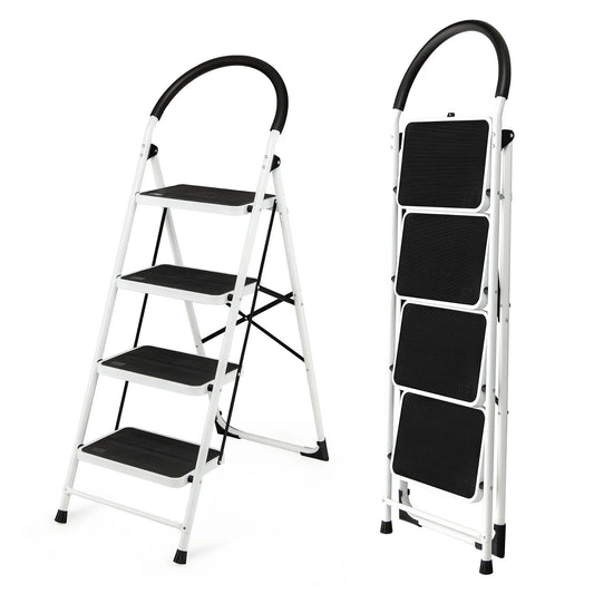 spanspace 4 Step Ladder Portable Folding Lightweight Stool with Anti-Slip Grip , Wide Anti-Slip Platform Steps, 330 lbs Capacity for Closet, Kitchen, Office, Home, White