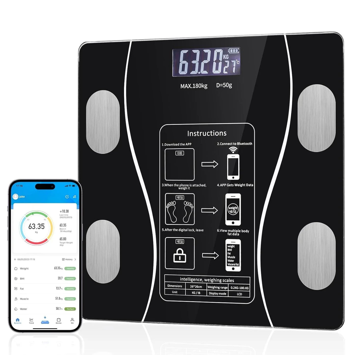 Smart Scale for Body Weight, Digital Bathroom Scale BMI Weighing Bluetooth Body Fat Scale with Led Display, Bathroom Scale with Smartphone App