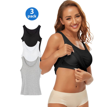 3 Pack Women's Camisole with Built in Bra Tank Tops for Layering Stretch Casual Undershirts Wider Strap