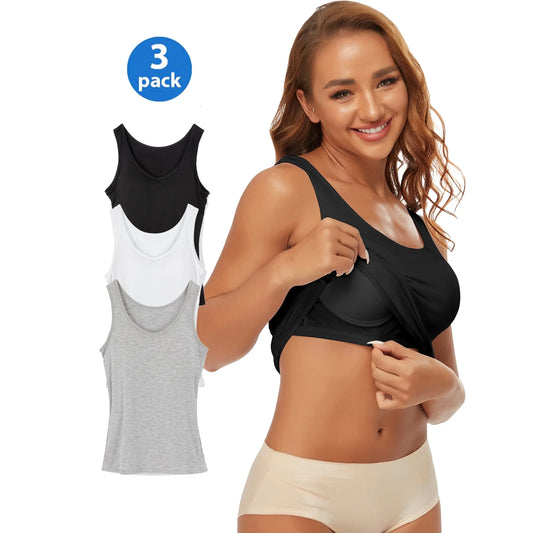 3 Pack Women's Camisole with Built in Bra Tank Tops for Layering Stretch Casual Undershirts Wider Strap