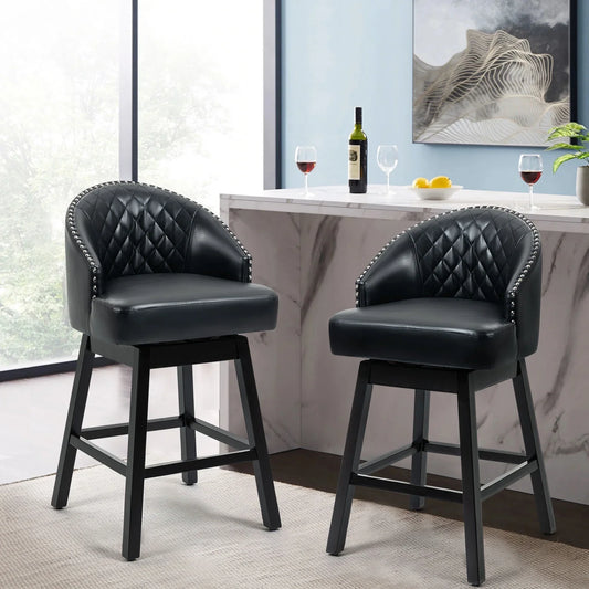 HOMHUM 29" Barstools PU Leather Set of 2, 360° Swivel Counter Stools, Indoor, Dining Room, Black