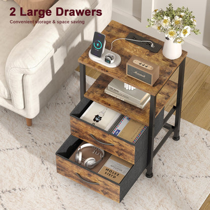 JOZ Set of 2 Nightstand with Charging Station, End Table with Cloth Drawer, Side Table with LED Light, Rustic Brown