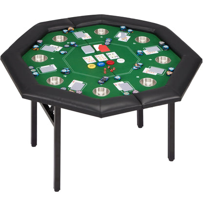 HOMHUM 8-Player Poker Table Foldable, Casino Leisure Gaming Table w/Padded Rails & Stainless Steel Cup Holders, Folding Octagon Texas Holdem Poker Table, Green