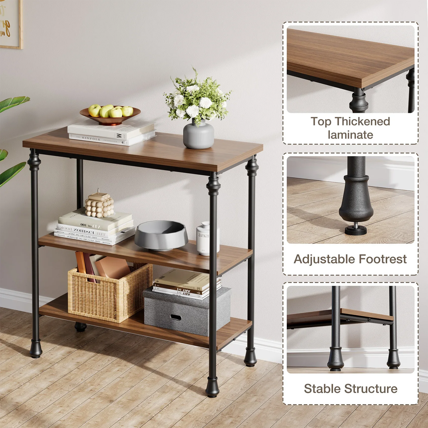 JOZ Industrial Console Table: Rustic Wood Sofa Table with 3-Tier Shelves for Entryway and Living Room