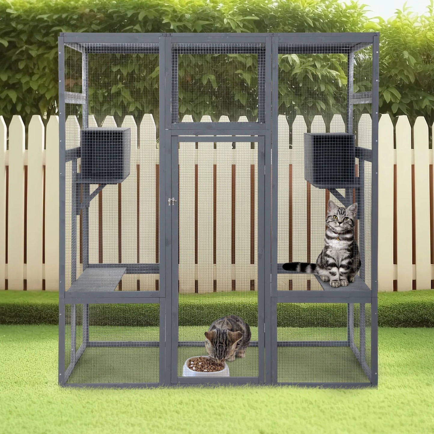 Pefilos 70" Outdoor Cat House for Large Cats, Enclosure Wood Cat Cage with Platforms and Small House, Kitty Catio Condo Playpen, Gray