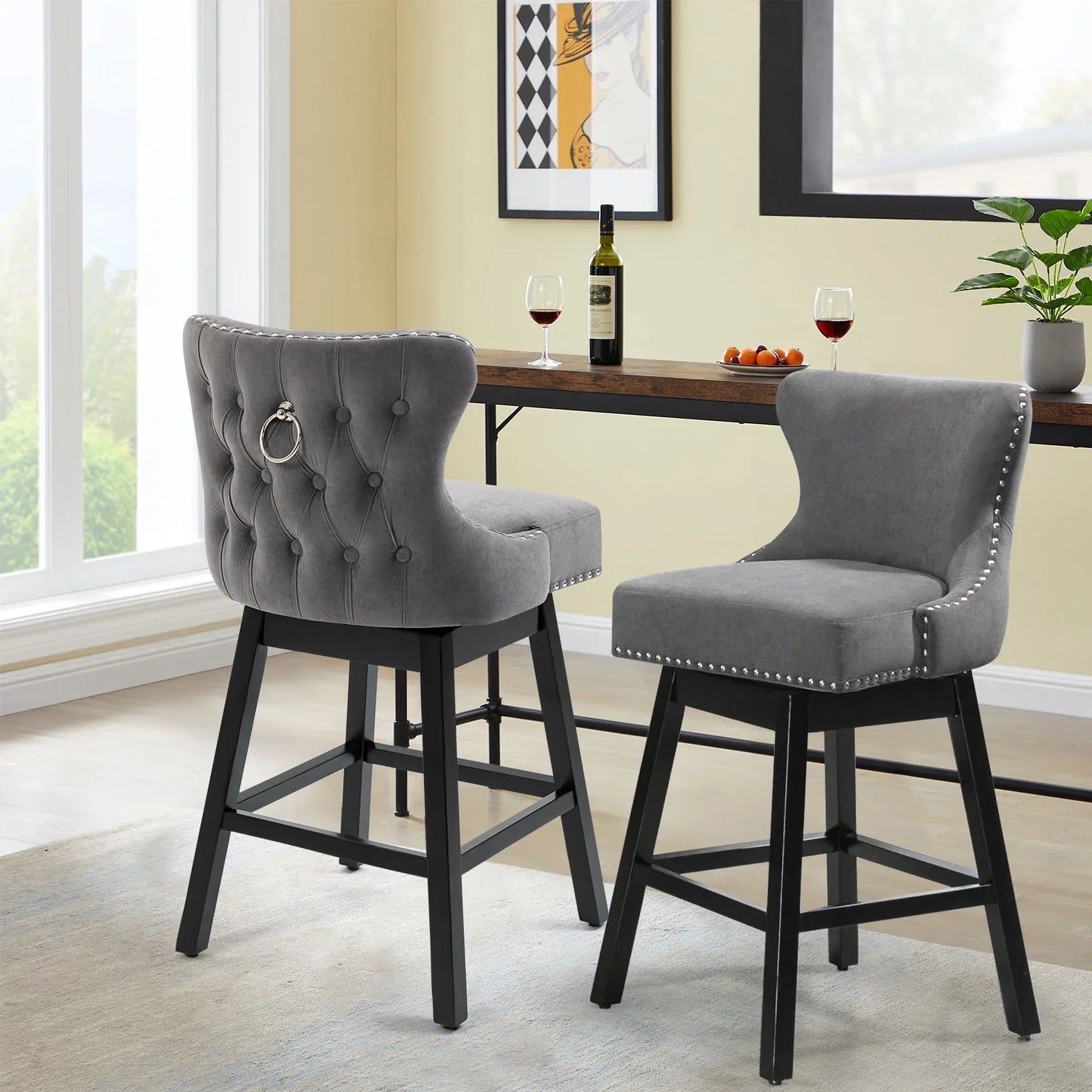 Homhum 29-Inch Bar Stools Set of 2, 360° Swivel and Wood Legs, Fabric Island Chairs - Gray