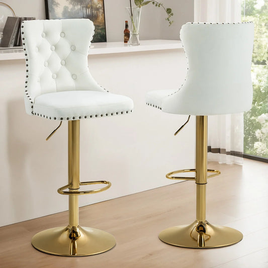 Homhum 360° Swivel Bar Stools Set of 2, Button Tufted Island Stools, Adjustable Seat Height, Beige & Gold