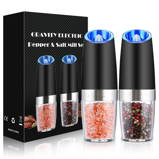 2 Pack Gravity Electric Pepper and Salt Grinder Set, Angivlga Adjustable Coarseness, Battery Powered with LED Light, One Hand Automatic Operation