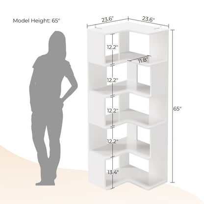 FCH 6-Tier Modern Corner Bookshelf Storage Display Rack Corner Bookcase Shelving Units White