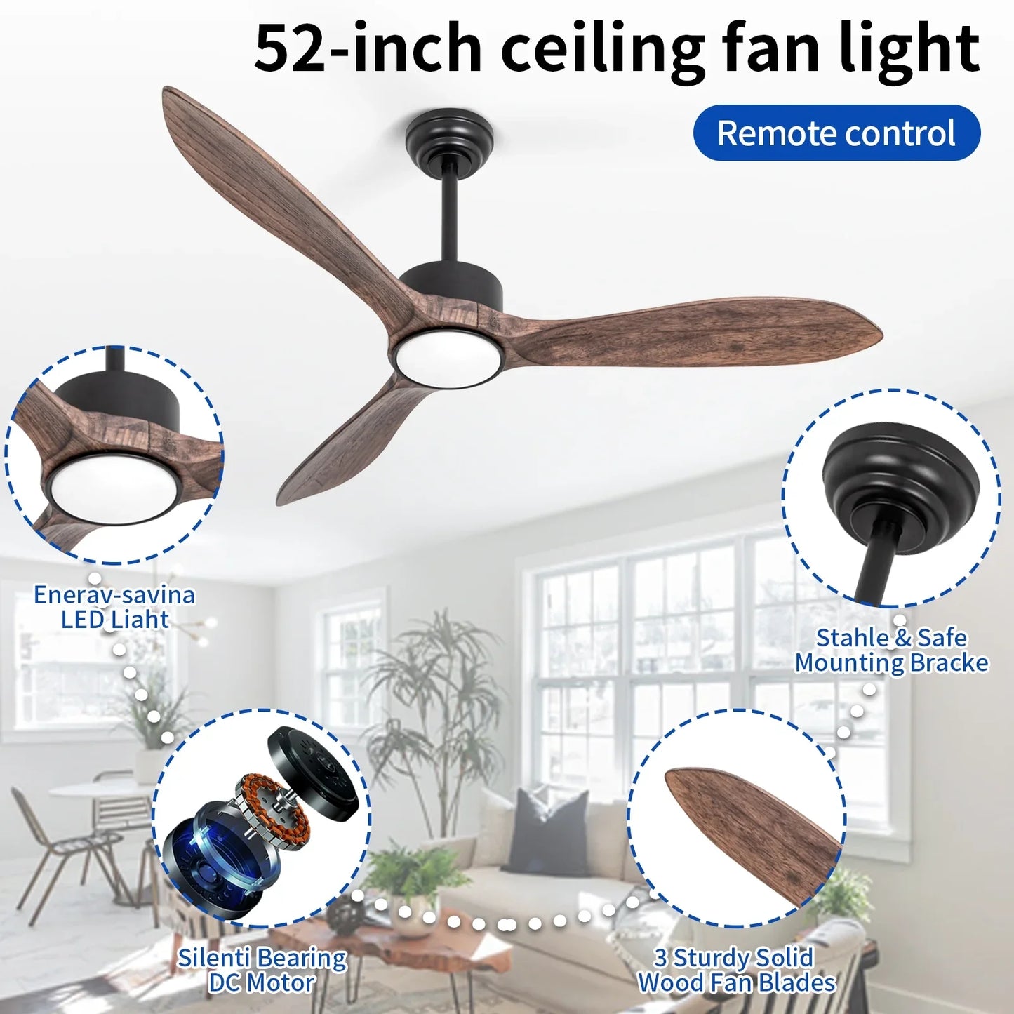 Wozzio 52 inch Ceiling Fan with Light and Remote,DC Motor,3CCT Dimmable LED Light,3 Gray Solid Wood Blades,Indoor & Outdoor