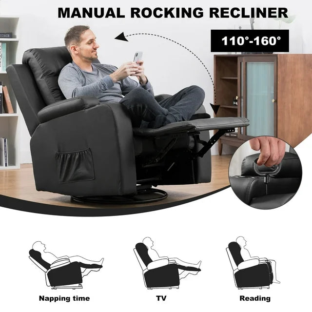 COMHOMA Swivel Rocker Recliner Chair,, 35.8" Wide PU Leather Rocking Sofa with Heated Massage, Black