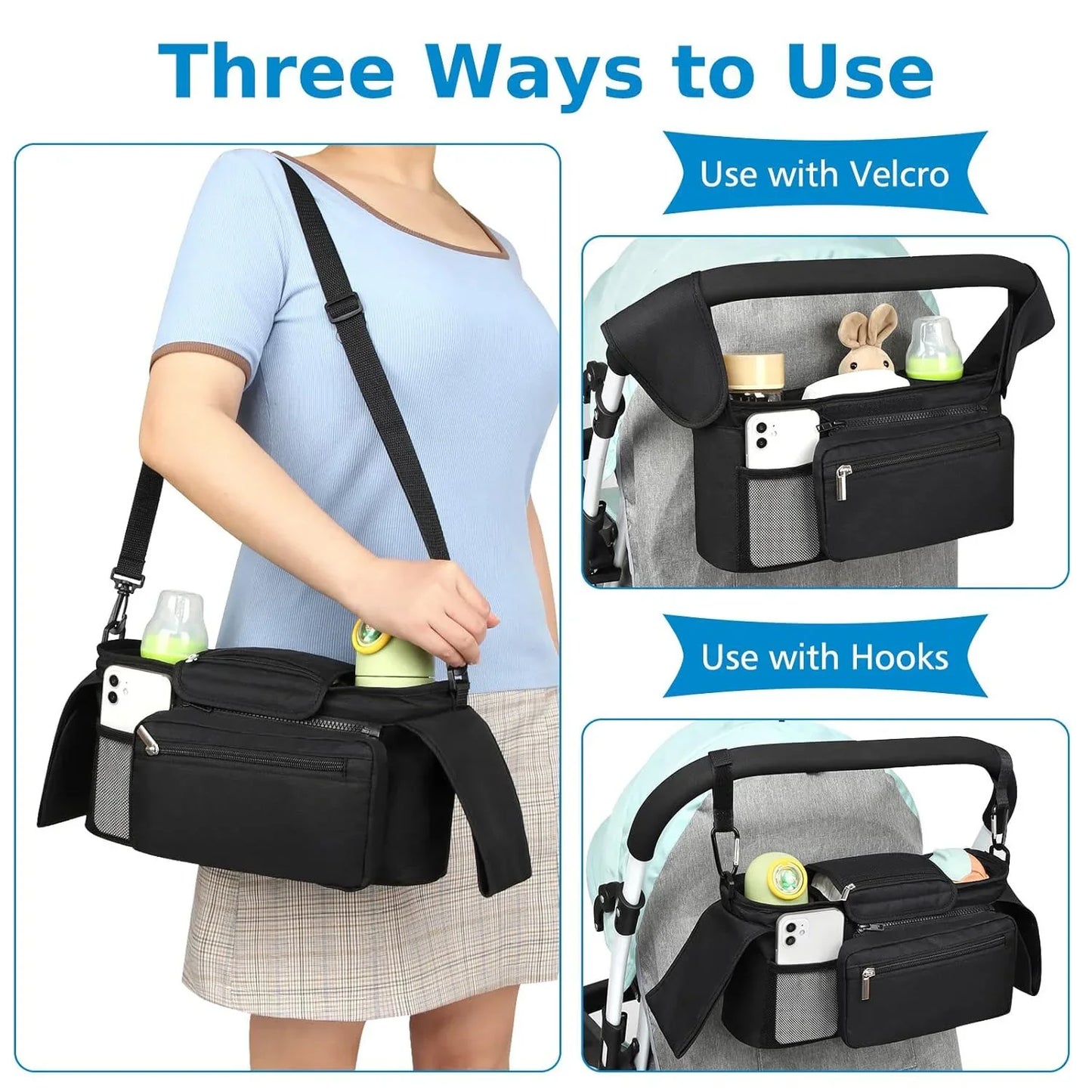 Universal Stroller Organizer, with Insulated Cup Holder Detachable Phone Bag and Shoulder Strap, Stroller Caddy Fits for Stroller Like Uppababy, Baby Jogger, Doona, Nuna, BOB, and Pet Stroller