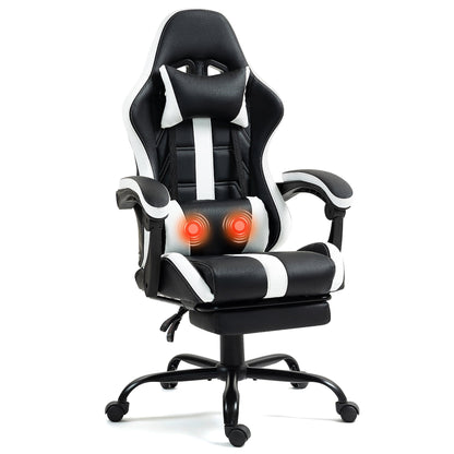 HOMHUM Gaming Chair, PU Leather Office Chair w/ Footrest and Massage Lumbar Support, Ergonomic Computer Chair w/ Headrest, 360° Swivel Desk Chair, White