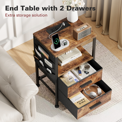 JOZ Nightstand with Charging Station, End Table with Cloth Drawer, Side Table with Storage Bag, Rustic Brown