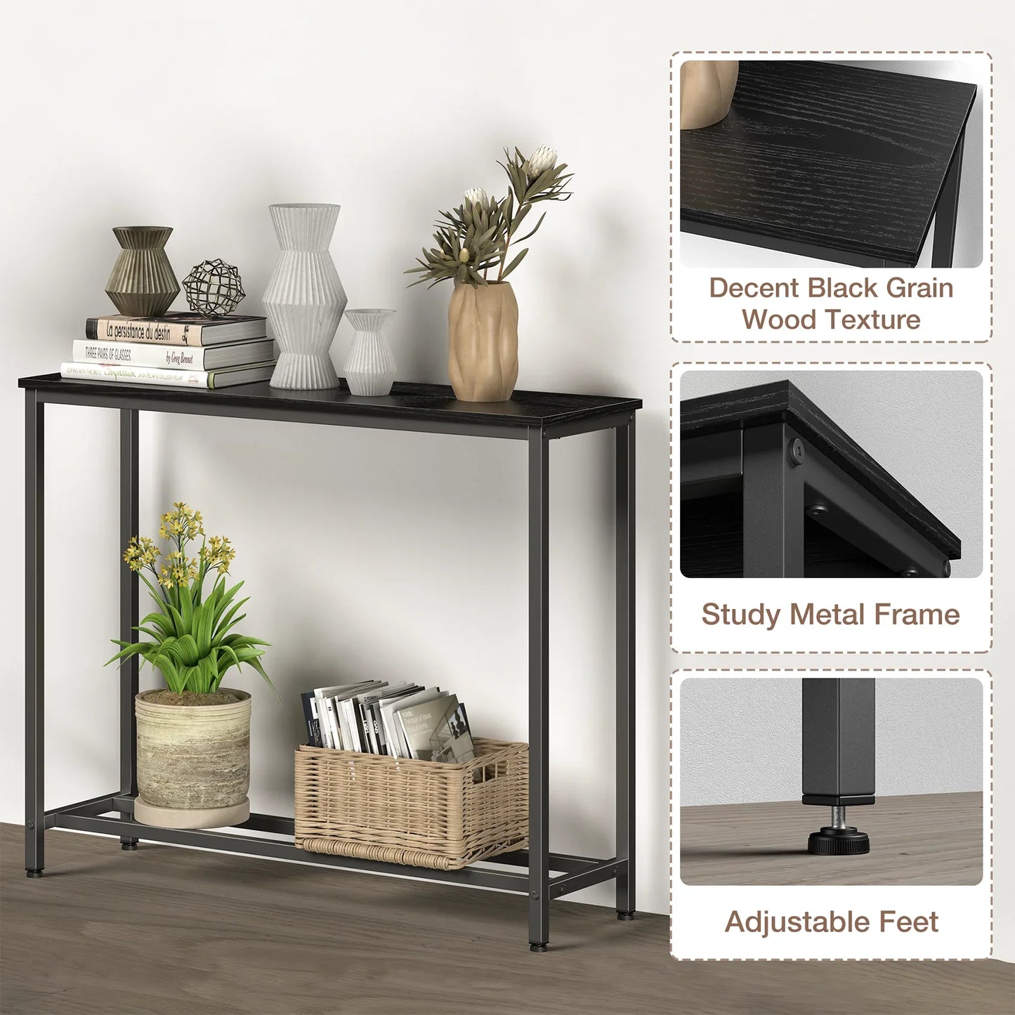 JOZ Industrial Narrow Console Table with Shelves, Black