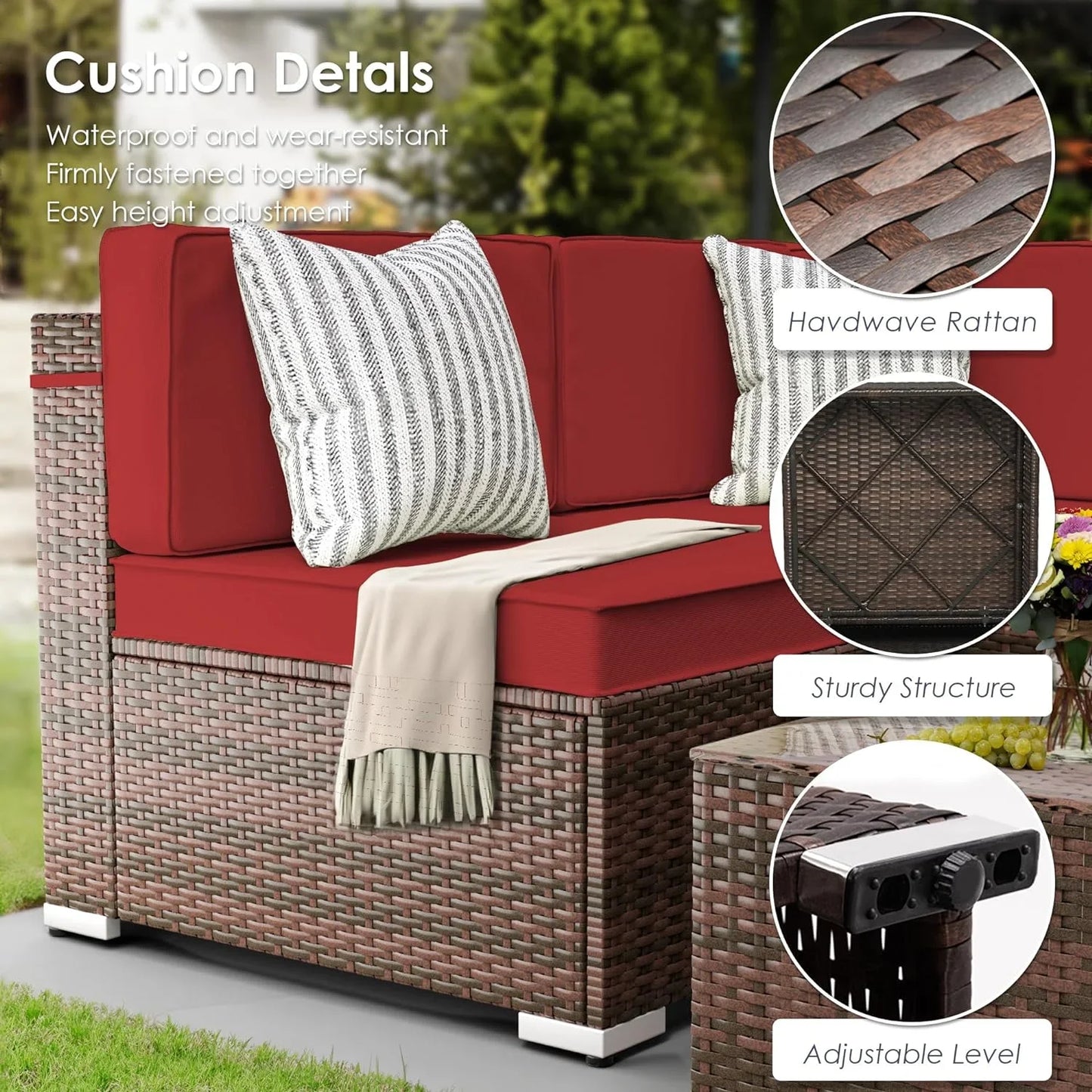 ELPOSUN 7 Pieces Patio Furniture Set All Weather Outdoor Sectional Sofa, Outdoor Modern Sectional Furniture Wicker Couch with Glass Coffee Table, Thicken Khaki Anti-Slip Cushions, Waterproof Cover