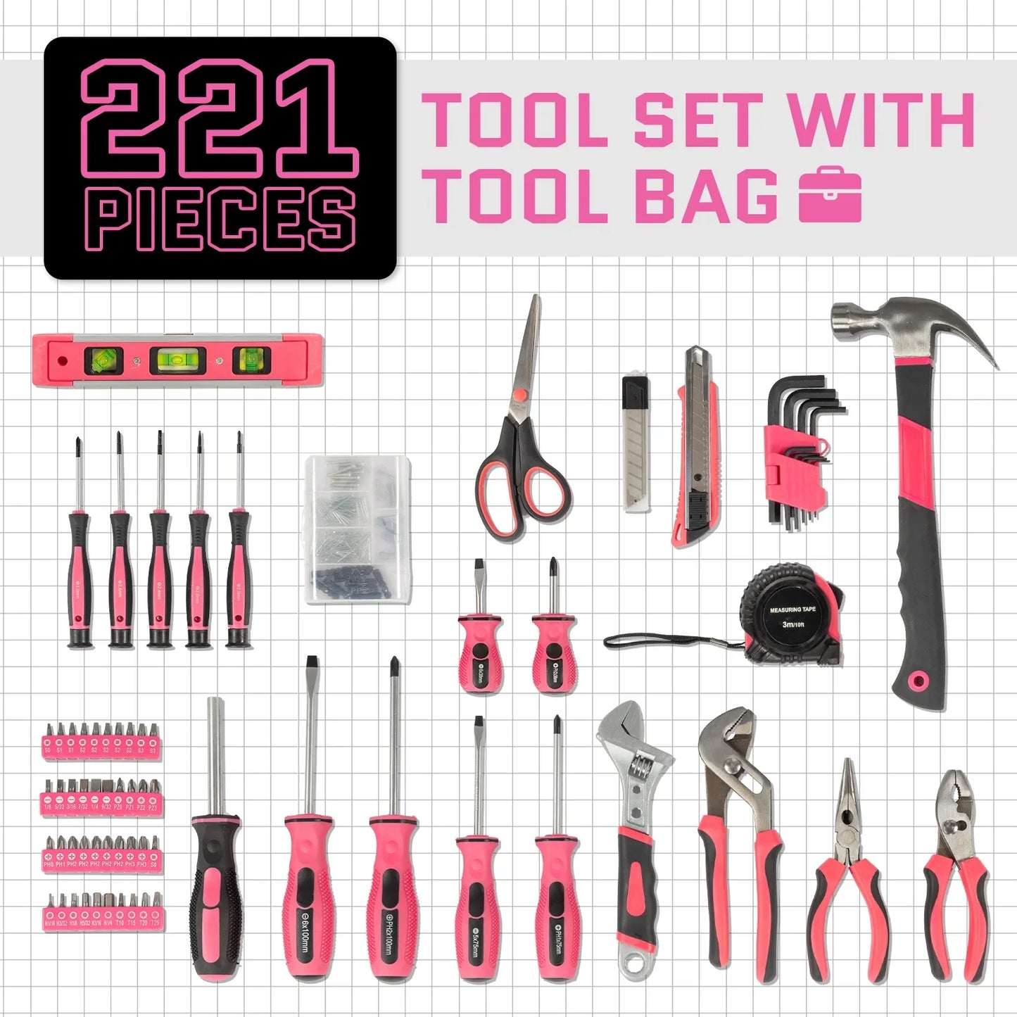 Ktaxon 221pcs Tool Set, Household Repair Hand Tool Kit Pink, with 12-Inch Wide Mouth Open Storage Tool Bag