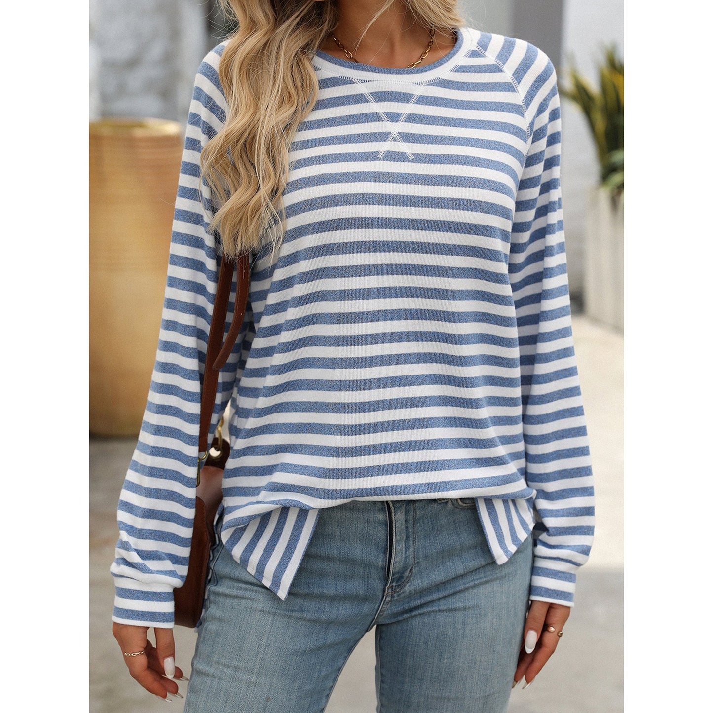 SHIBEVER Women Long Sleeve T Shirts Stripe Tunic Tops Crewneck Side Slit Sweatshirts Color Block Loose Shirts for Women