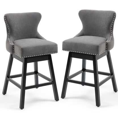 Homhum 29-Inch Bar Stools Set of 2, 360° Swivel and Wood Legs, Fabric Island Chairs - Gray