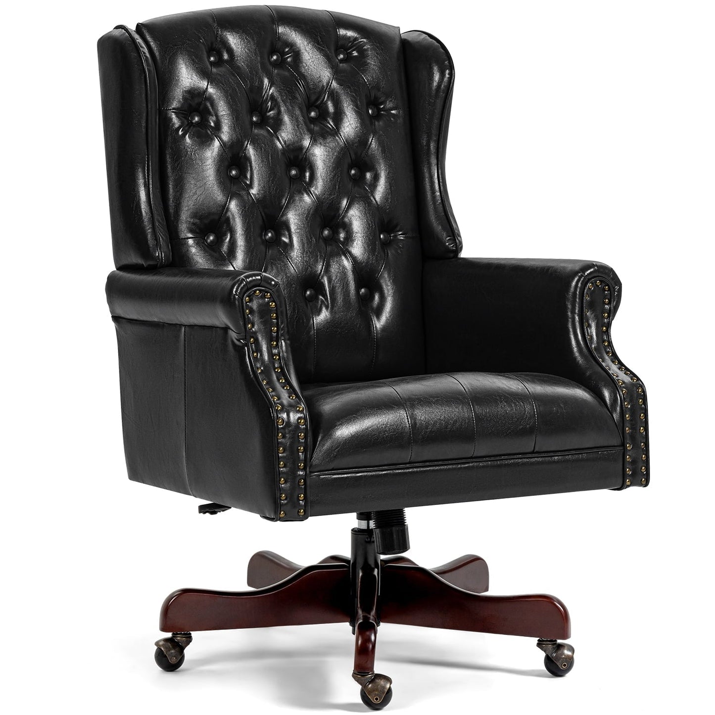 HOMHUM Classic Boss Chair Wingback Traditional Chair High Back Faux Leather Chair Ergonomic Executive Office Chair Swivel Desk Chair, Black