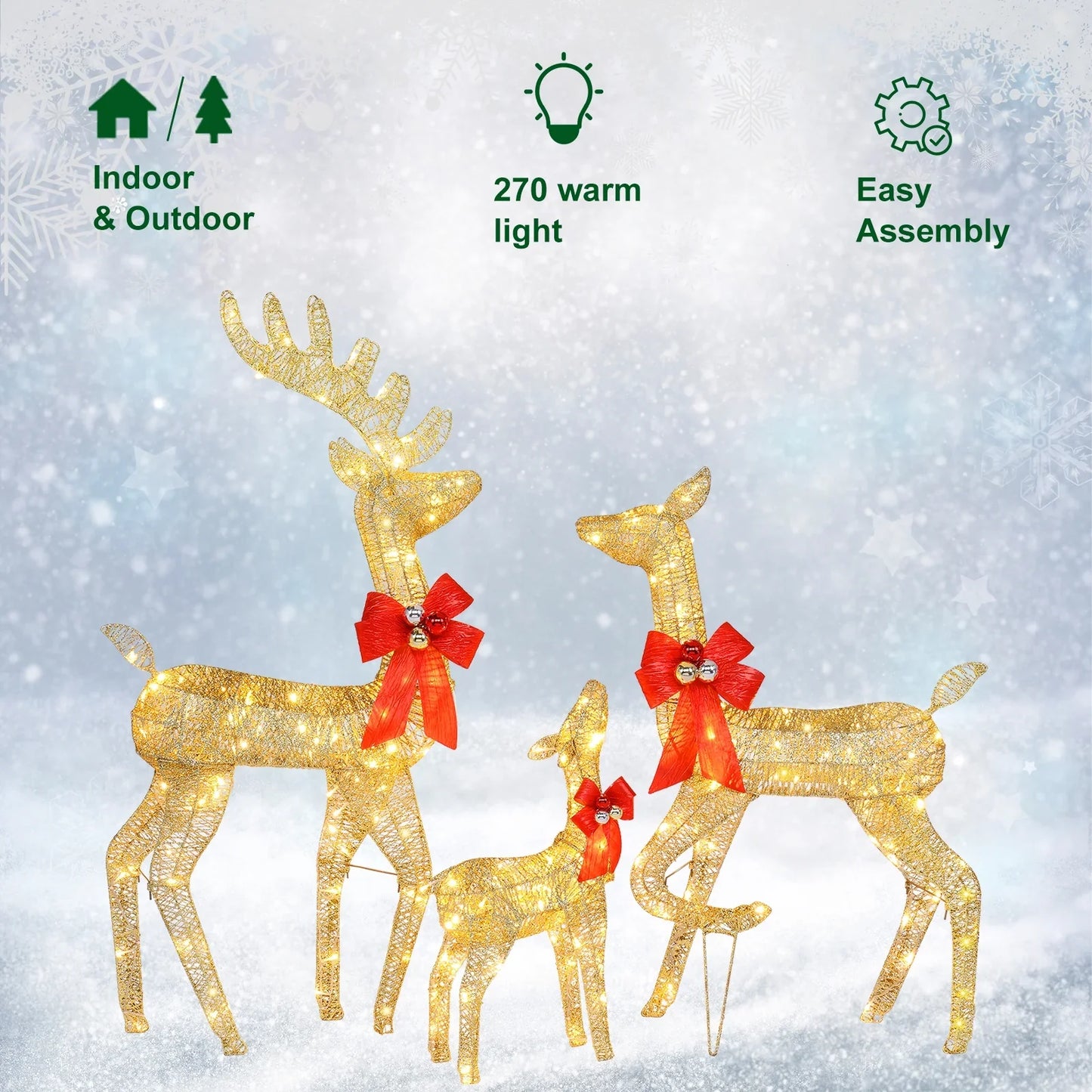 Ktaxon Lighted Christmas 3-Piece Deer Set Outdoor Yard Decoration Set LED Lights, Stakes - Gold