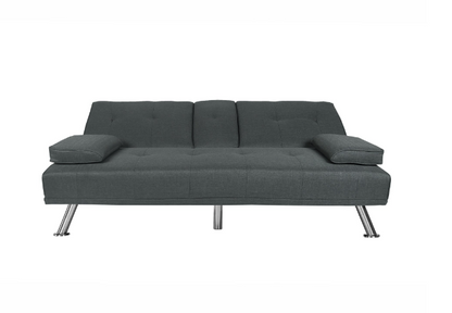 Modern Futon Sofa Beds, Linen Convertible Futon Sofa w/ Removable Armrests, Metal Legs, 2 Cupholders, Dark Gray